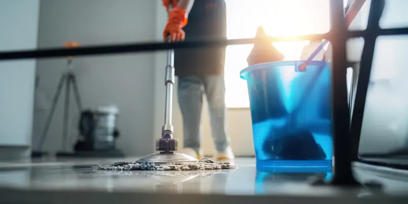 A freshly mopped hardwood floor in a bright, tidy home